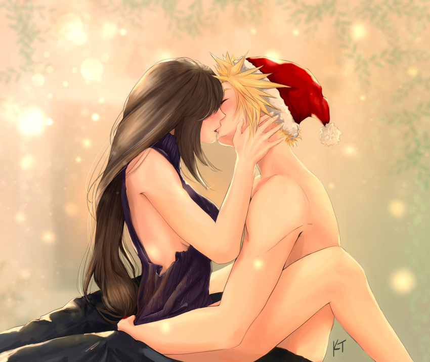 1boy 1girl bare_shoulders black_hair blonde_hair blush breasts christmas closed_eyes cloud_strife commentary couple english_commentary final_fantasy final_fantasy_vii final_fantasy_vii_ever_crisis final_fantasy_vii_remake from_side fur-trimmed_headwear fur_trim hands_on_another's_face hat hetero highres kiss lady_ktea large_breasts leg_lock light_particles long_hair pom_pom_(clothes) red_headwear ribbed_sweater santa_hat short_hair sitting sitting_on_lap sitting_on_person sleeveless sleeveless_turtleneck spiked_hair sweater tifa_lockhart topless_male turtleneck turtleneck_sweater