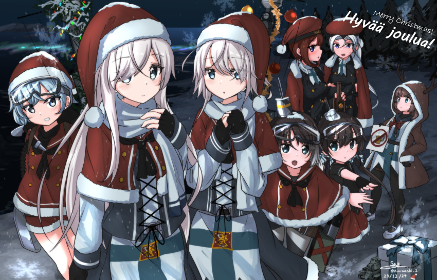 6+girls absurdres animal_hood antlers black_gloves blonde_hair blue_eyes blue_scarf brown_hair capelet christmas dated english_text fake_antlers fingerless_gloves finland finnish_text fur-trimmed_capelet fur-trimmed_headwear fur_trim gloves goggles goggles_on_head grey_hair hat highres hood hood_up mecha_musume military_vehicle multiple_girls original personification red_capelet red_hair red_headwear reindeer_antlers santa_hat scarf ship teisei_sagishi warship watercraft winter