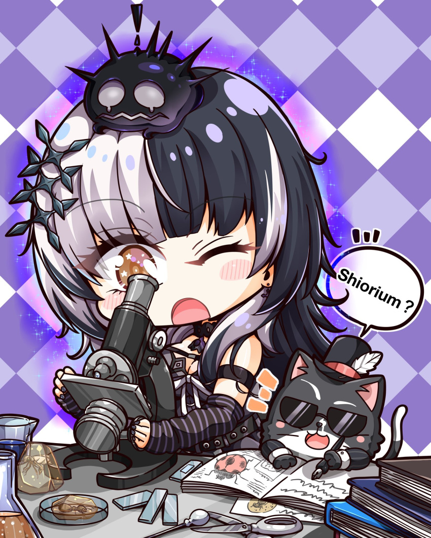 1girl arm_strap arm_warmers black_choker black_hair blunt_bangs blush blush_stickers brown_eyes cat checkered_background chibi choker commentary creature english_commentary grey_hair headpiece highres hololive hololive_english long_hair microscope multicolored_hair nyakuza_(shiori_novella) one_eye_closed shiori_novella shiroimaru solo split-color_hair virtual_youtuber yorick_(shiori_novella)