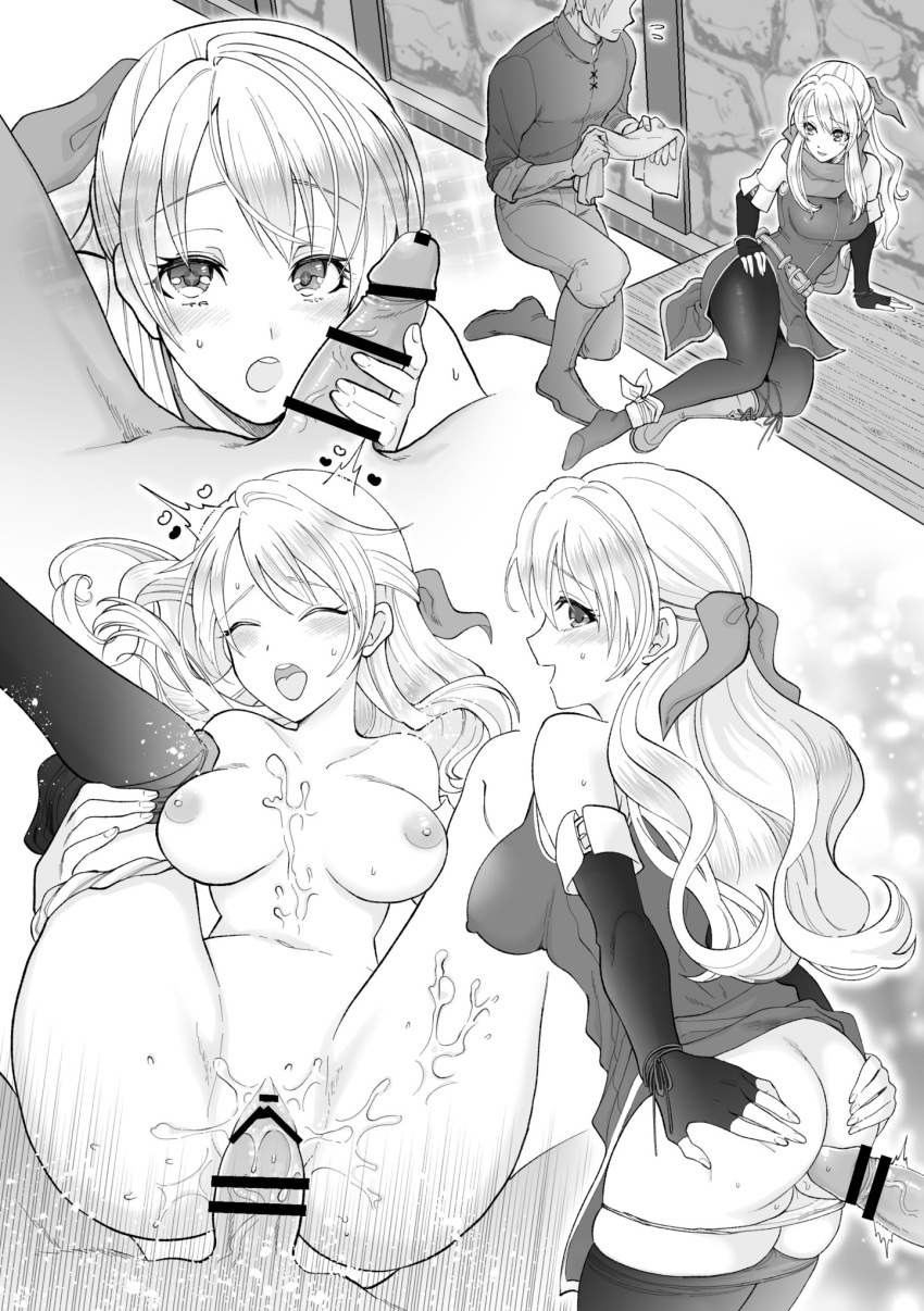 1boy 1girl ass bar_censor boots breasts censored closed_eyes commission covered_nipples cum cum_in_pussy cum_on_body cum_on_breasts elbow_gloves fingerless_gloves fire_emblem fire_emblem:_radiant_dawn gloves greyscale hair_ribbon handjob highres long_hair looking_at_viewer medium_breasts micaiah_(fire_emblem) monochrome multiple_views navel nipples open_mouth panties panties_around_one_leg panty_pull penis pov pussy ribbon rororo_ryo1 skeb_commission solo_focus spread_legs tongue tongue_out underwear