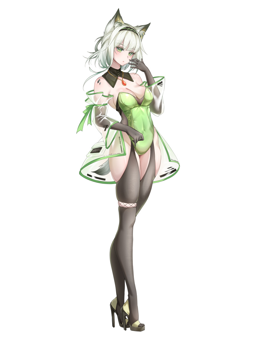1girl absurdres arknights black_footwear black_gloves black_hairband black_thighhighs breasts cleavage closed_mouth detached_sleeves elbow_gloves full_body gloves green_eyes green_leotard hairband hand_up high_heels highres jewelry kal'tsit_(arknights) leotard long_hair long_sleeves looking_at_viewer medium_breasts nanaya_journey pendant see-through shoes simple_background solo standing strapless strapless_leotard thighhighs thighs white_background white_hair wide_sleeves