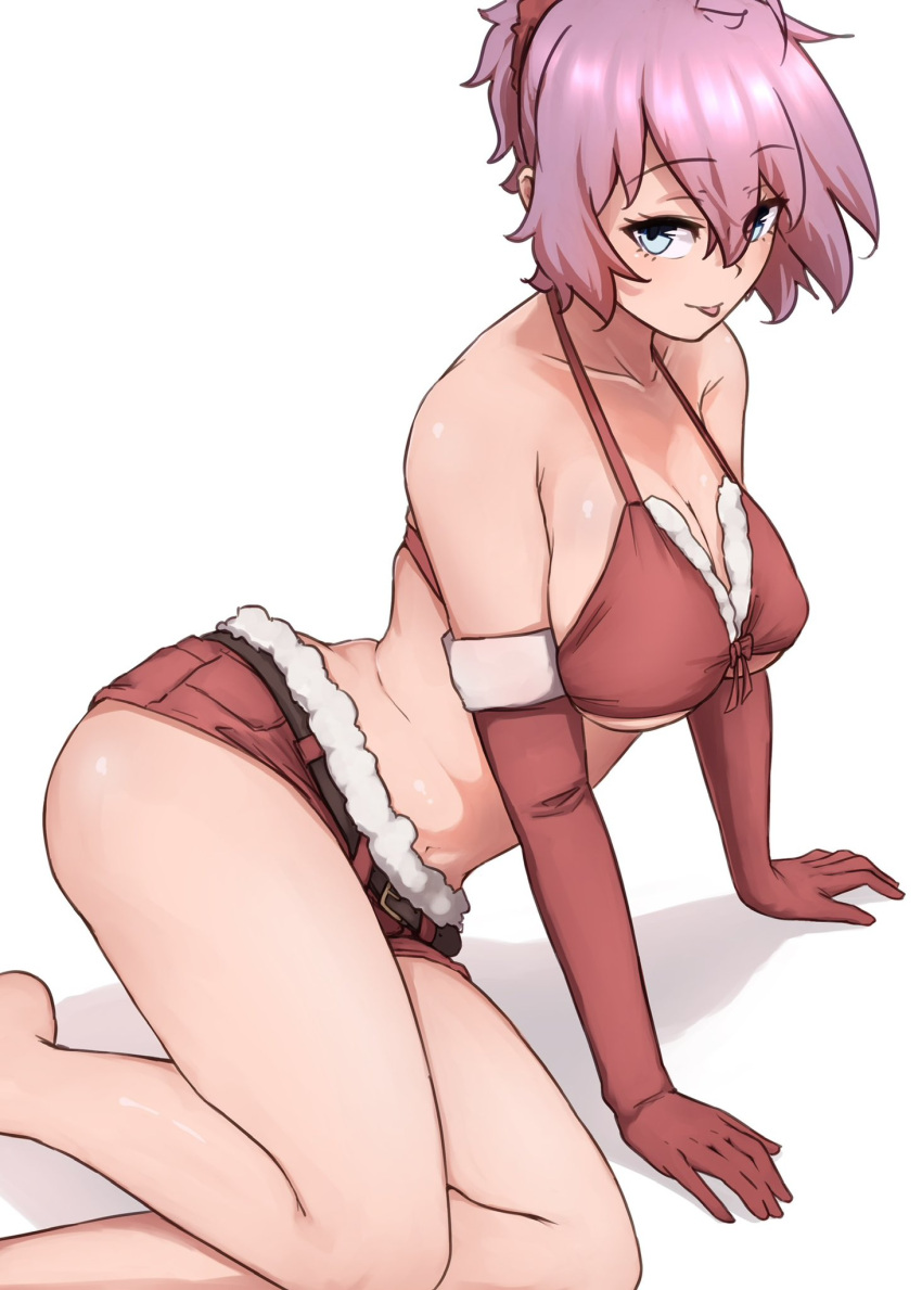 1girl alternate_costume aoba_(kancolle) bikini bikini_top_only breasts cleavage fur-trimmed_bikini fur-trimmed_gloves fur-trimmed_shorts fur_trim gloves green_eyes hair_ornament hair_scrunchie highres ikadamo kantai_collection medium_breasts messy_hair ponytail purple_hair red_bikini red_gloves red_scrunchie red_shorts scrunchie short_hair short_ponytail shorts simple_background solo swimsuit tongue tongue_out white_background
