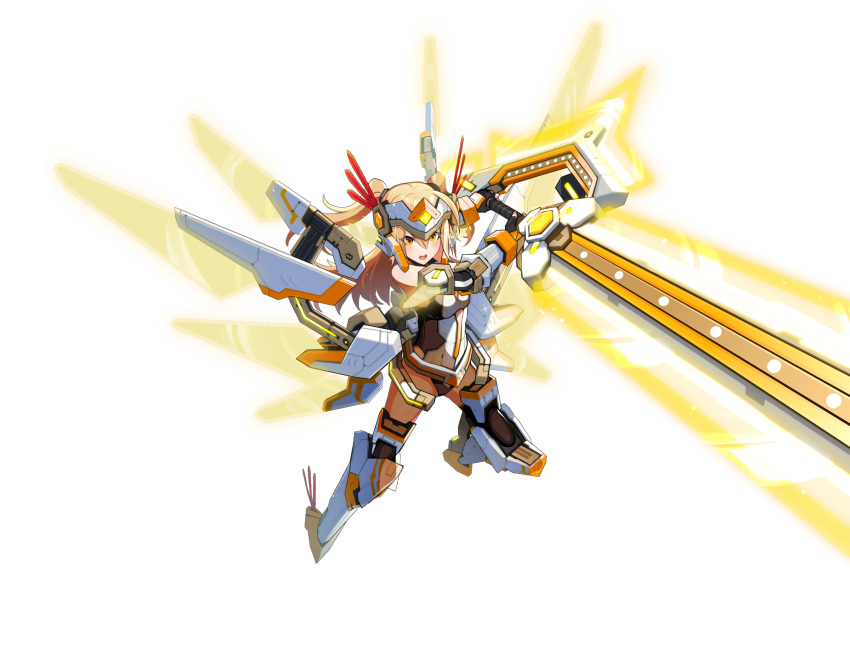 1girl arm_guards armor armored_boots bare_shoulders blonde_hair blush boots breasts cbu_jp cosmic_break feather_hair_ornament feathers full_body hair_ornament headpiece helm helmet highres holding holding_sword holding_weapon huge_weapon leotard long_hair looking_at_viewer medium_breasts official_art open_mouth sacred_sylvia sidelocks solo sparkle sword sylvia_(cosmic_break) thighs twintails two-handed upper_body weapon white_background yellow_eyes