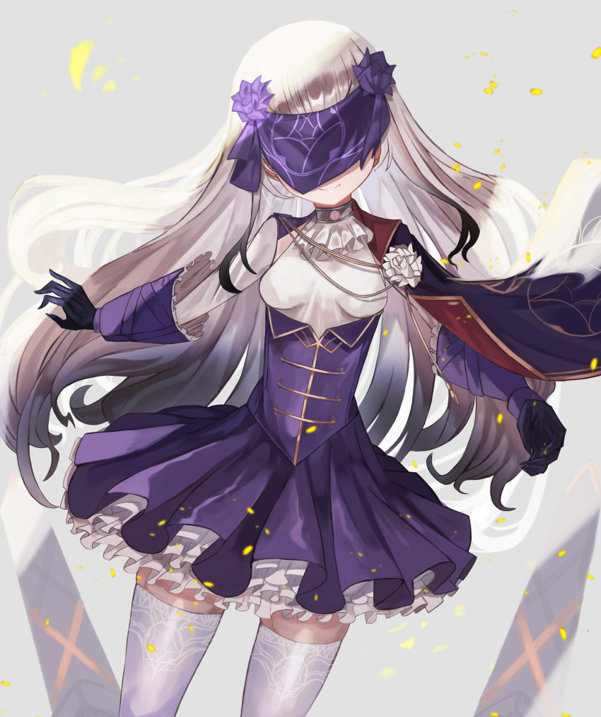 1girl black_gloves breasts dress eye_mask fate/grand_order fate_(series) flower frilled_dress frills gloves grey_hair highres looking_at_viewer m0_chi melusine_(fate) melusine_(second_ascension)_(fate) purple_dress smile solo thighhighs white_flower white_thighhighs