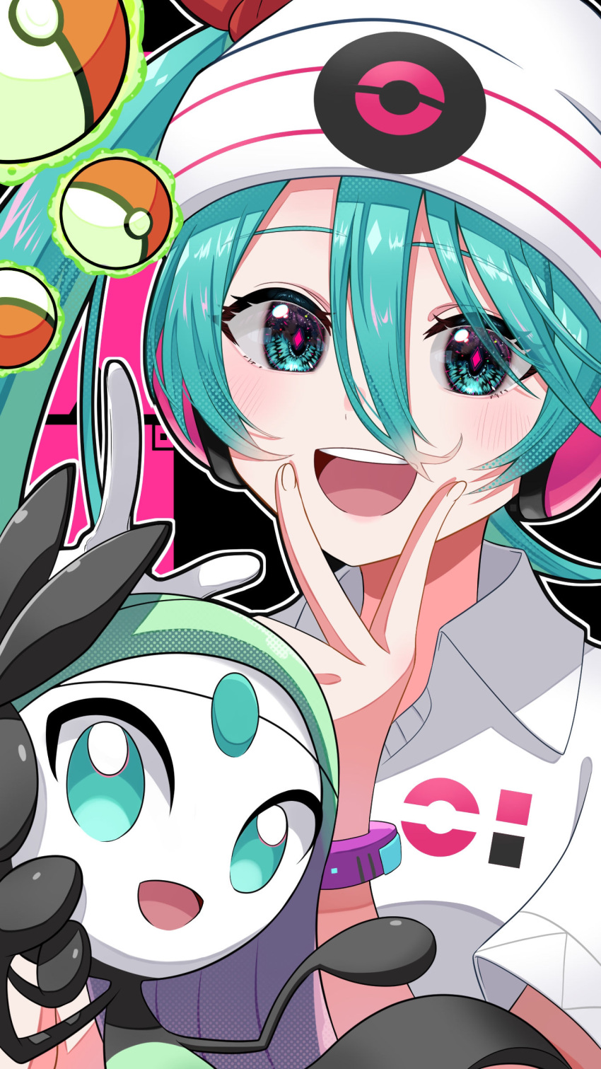 1girl :d absurdres beanie blue_eyes blue_hair clip_studio_paint_(medium) collared_shirt commentary_request crossover hair_between_eyes hand_up hat hatsune_miku highres long_hair looking_at_viewer meloetta poke_ball poke_ball_(basic) pokemon pokemon_(creature) project_voltage psychic_miku_(project_voltage) shirt smile tatyaoekaki teeth twintails upper_teeth_only v_over_mouth vocaloid white_headwear white_shirt