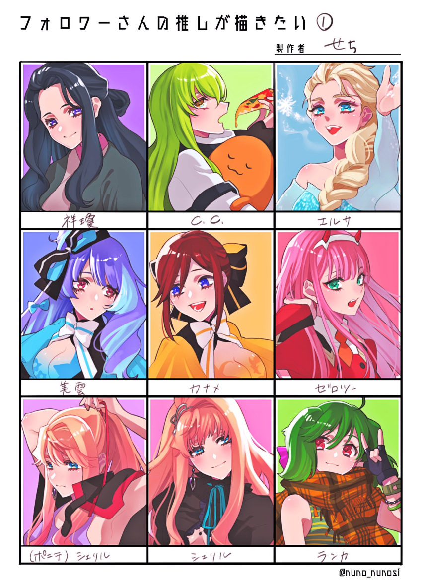 6+girls \m/ bangs black_hair black_jacket black_shirt blonde_hair blue_dress blue_eyes bow c.c. character_name character_request code_geass cosplay darling_in_the_franxx dress elsa_(frozen) fingerless_gloves followers_favorite_challenge food frozen_(disney) gloves green_hair hair_behind_ear highres holding holding_food horns jacket kaname_buccaneer looking_down macross macross_7 macross_delta macross_frontier mikumo_guynemer multiple_girls nekki_basara nekki_basara_(cosplay) orange_scarf pink_hair pizza ponytail purple_eyes ranka_lee red_hair scarf sechi_(stst1850) sheryl_nome shirt smile yellow_dress zero_two_(darling_in_the_franxx)