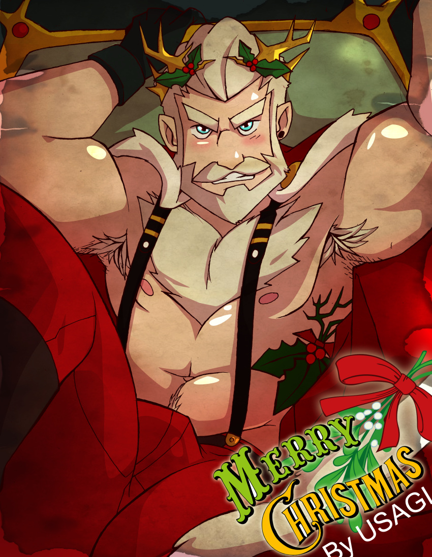 1boy absurdres arms_up artist_request bara beard christmas crown excessive_armpit_hair facial_hair feet_out_of_frame hat highres huge_eyebrows male_focus mature_male merry_christmas muscular muscular_male navel_hair nipples old old_man original pectorals red_headwear santa_costume santa_hat short_hair solo spread_legs suspenders tattoo thick_beard thick_chest_hair thick_eyebrows thick_mustache v-shaped_eyebrows