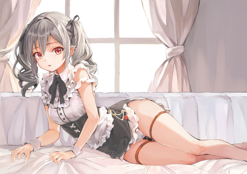 1girl bare_shoulders black_corset black_ribbon black_skirt blush bow breasts corset curtains dot_nose drill_hair frilled_shirt frills grey_hair hair_bow hair_ribbon idolmaster idolmaster_cinderella_girls idolmaster_cinderella_girls_starlight_stage indoors kanzaki_ranko long_hair looking_at_viewer lying medium_breasts minasato_hibiki miniskirt neck_ribbon on_chair on_side panties pantyshot parted_lips red_eyes ribbon shirt skirt sleeveless sleeveless_shirt solo thigh_strap twin_drills twintails underbust underwear white_panties white_shirt white_wrist_cuffs window