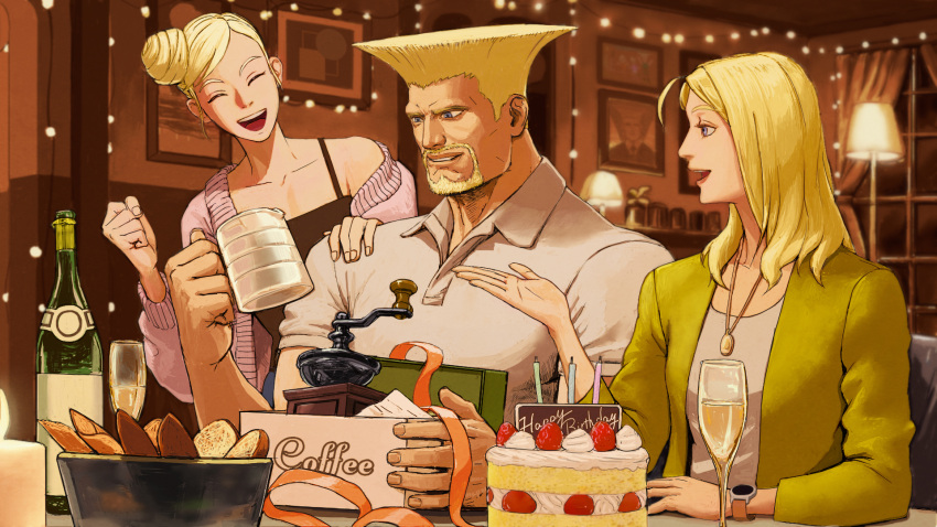 1boy 2girls asymmetrical_hair beard blonde_hair cake champagne_bottle champagne_flute chris_(street_fighter) cup drinking_glass english_commentary facial_hair family father_and_daughter flattop food guile hair_bun highres husband_and_wife jane_(street_fighter) multiple_girls official_art ribbon single_hair_bun street_fighter street_fighter_6 table wine_glass