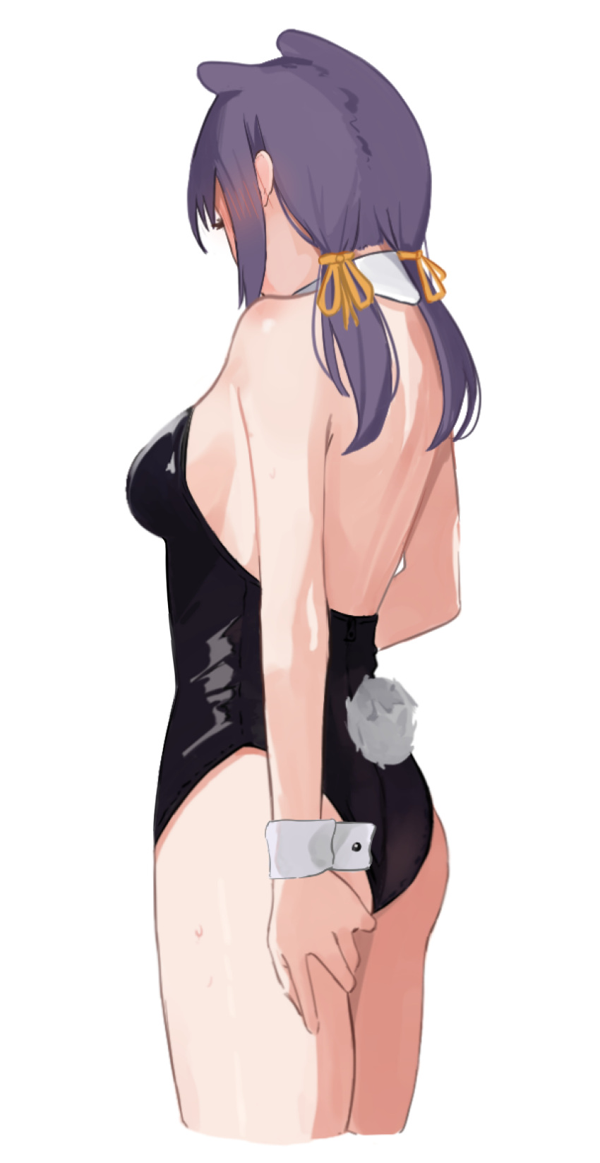 1girl absurdres bare_shoulders black_leotard blush breasts commentary creature_and_personification cropped_legs detached_collar english_commentary fake_tail highres hololive hololive_english koupi_(ku_roiko) ku_roiko leotard long_hair medium_breasts playboy_bunny purple_hair rabbit_tail sidelocks simple_background solo tail takodachi_(ninomae_ina'nis) twintails white_background wrist_cuffs