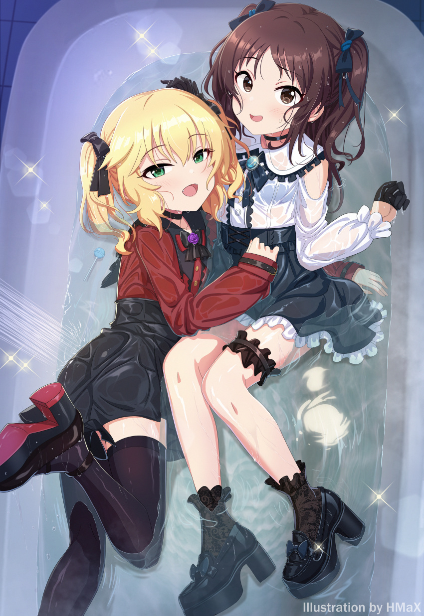 2girls absurdres artist_name bath belt black_bra black_choker black_footwear black_gloves black_ribbon black_skirt black_thighhighs blonde_hair blue_ribbon bra brooch brown_eyes brown_hair buttons candy choker clothed_bath collared_shirt colored_shoe_soles comiket_103 commentary_request cross-laced_clothes cross-laced_skirt drawn_flower fang flower food footwear_ribbon french_text frilled_shirt frilled_shirt_collar frilled_skirt frilled_sleeves frilled_socks frills gloves green_eyes half_gloves hand_on_another's_head high_heels highres hmax idolmaster idolmaster_cinderella_girls idolmaster_cinderella_girls_starlight_stage jewelry jirai_kei lollipop long_sleeves lying_on_water multiple_girls open_mouth red_shirt ribbon rose rose_ribbon sakurai_momoka see-through shirt shoe_soles showering skirt socks sparkle tachibana_arisu thigh_belt thigh_strap thighhighs twintails two_side_up underwear water wet wet_clothes white_shirt wrist_belt