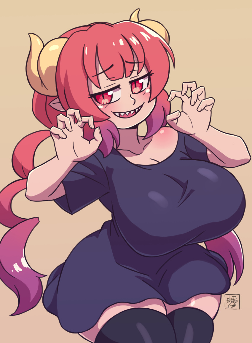 1girl black_shirt black_thighhighs blush breasts curled_horns deathzera dragon_girl dragon_horns gradient_hair highres horns huge_breasts ilulu_(maidragon) kobayashi-san_chi_no_maidragon long_hair looking_at_viewer multicolored_hair naughty_face open_mouth oppai_loli pink_hair pointy_ears red_eyes red_hair sharp_teeth shirt shortstack simple_background slit_pupils smile solo teeth thick_thighs thighhighs thighs twintails wide_hips yellow_horns zettai_ryouiki