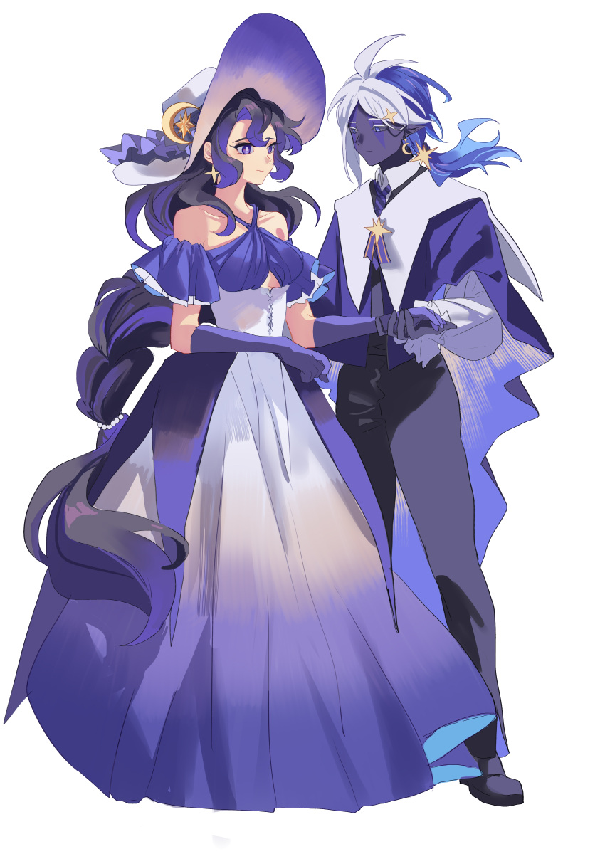 1boy 1girl absurdres alternate_costume alternate_hairstyle blue_dress blue_eyes blue_fire blue_gloves blue_hair blue_skin capelet colored_skin cookie_run dress earrings elbow_gloves fire full_body geruideyundongxie gloves hat highres humanization jewelry long_hair moonlight_cookie multicolored_hair personification ponytail purple_hair space star_(symbol) stardust_cookie two-tone_hair white_capelet white_hair