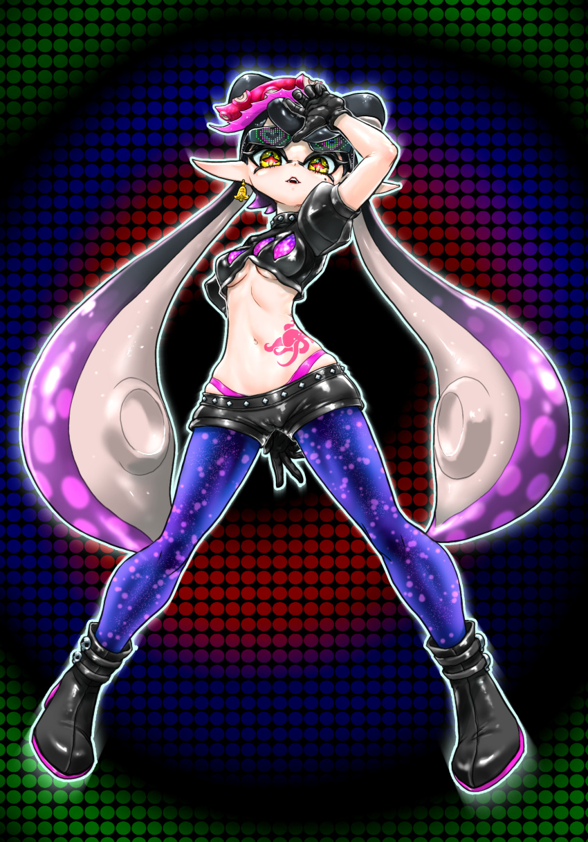 +_+ 1girl arm_behind_back black_footwear black_gloves black_hair black_shirt black_shorts blue_pantyhose boots breasts callie_(splatoon) commentary_request earrings food food_on_head full_body gloves hand_up highleg highleg_panties highres jewelry koharu2.5 long_hair looking_at_viewer mole mole_under_eye navel object_on_head panties pantyhose parted_lips pink_panties pointy_ears puffy_short_sleeves puffy_sleeves shirt short_sleeves shorts small_breasts solo splatoon_(series) splatoon_1 stomach_tattoo suction_cups sunglasses tattoo tentacle_hair twintails underboob underwear yellow_eyes