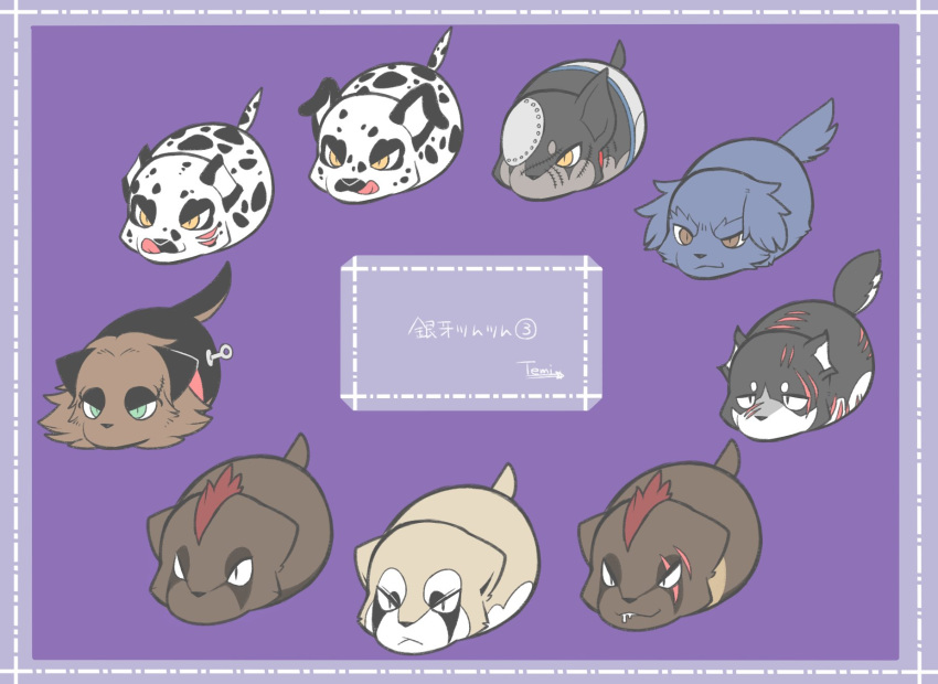 blue_body blue_fur brown_body brown_fur canid canine canis character_request chibi domestic_dog fur ginga_(series) hi_res japanese_text mammal purple_background scar simple_background smile tan_body tan_fur temitess text white_body white_fur