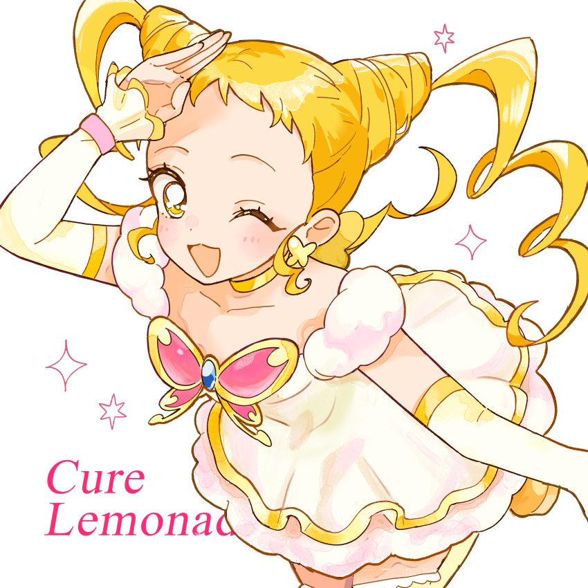 1girl ;d absurdres arm_warmers blonde_hair blush butterfly_brooch character_name choker collarbone cone_hair_bun cowboy_shot cure_lemonade double_bun dress drill_hair earrings hair_bun highres jewelry kasugano_urara_(yes!_precure_5) looking_at_viewer magical_girl medium_hair one_eye_closed open_mouth petticoat precure short_dress simple_background smile solo standing standing_on_one_leg thighhighs twin_drills white_background white_dress yamanaka_hituzi yellow_choker yellow_eyes yellow_thighhighs yes!_precure_5