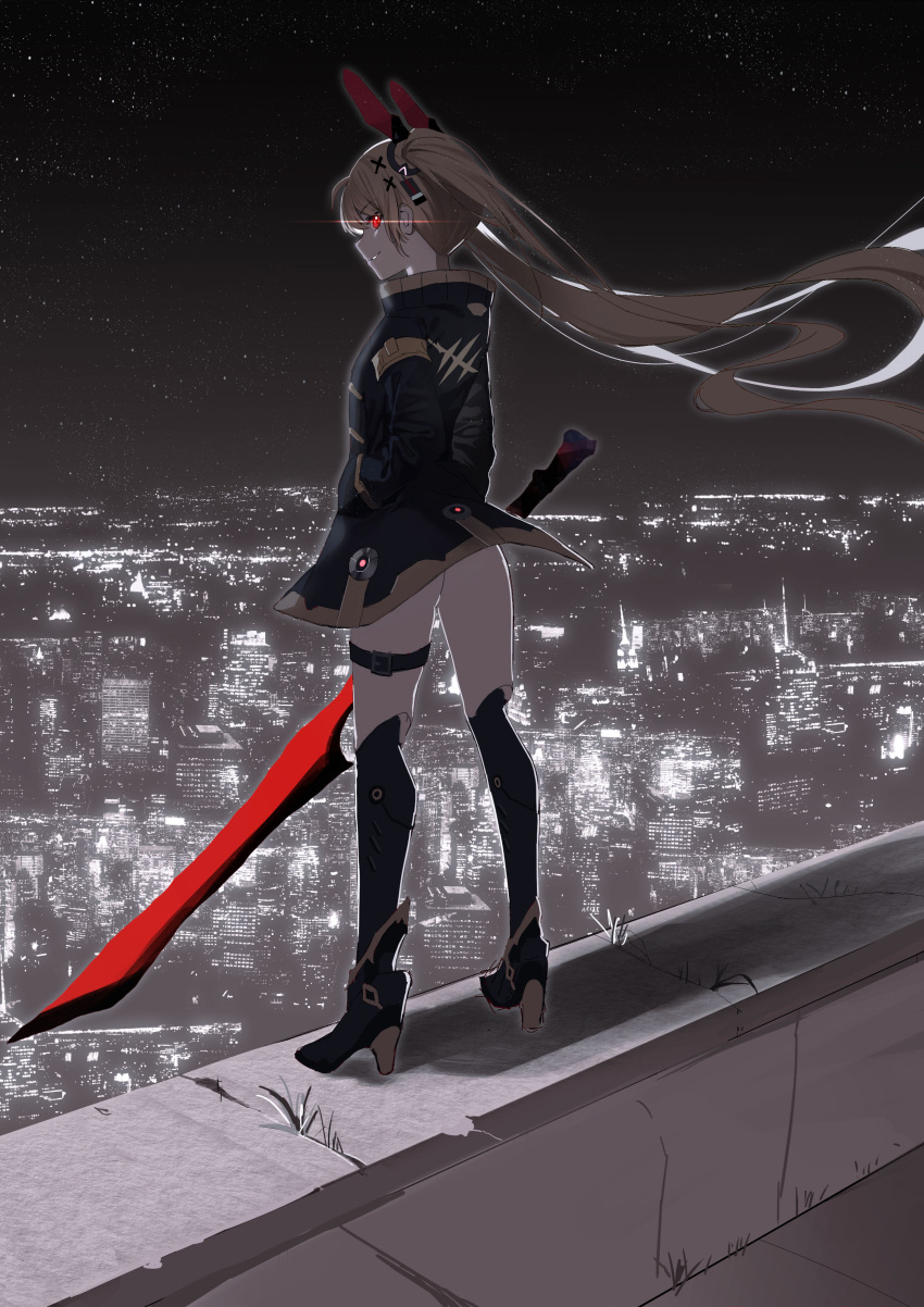 1girl absurdres blonde_hair city city_lights cityscape from_side glowing glowing_eye highres holding holding_sword holding_weapon long_hair looking_at_viewer original qingli_green skyline solo sword twintails very_long_hair weapon