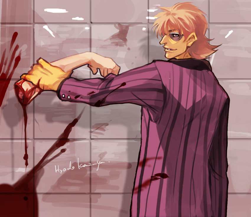 1boy blonde_hair blood blood_on_clothes blood_splatter character_name commentary_request from_behind guro highres holding_limb hyoudou_kazuya jacket kaiji long_sleeves looking_at_viewer looking_to_the_side male_focus medium_bangs purple-tinted_eyewear purple_jacket severed_arm severed_limb short_hair solo striped striped_jacket sunglasses tile_wall tiles tinted_eyewear u-min upper_body vertical-striped_jacket vertical_stripes