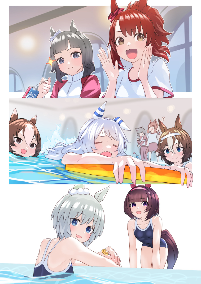 6+girls animal_ears bamboo_memory_(umamusume) blue_eyes grey_hair headband highres hishi_miracle_(umamusume) horse_ears horse_girl horse_tail multicolored_hair multiple_girls nabe_puyo nishino_flower_(umamusume) ponytail pool purple_eyes red_hair seiun_sky_(umamusume) short_hair swimming tail tracen_swimsuit two-tone_hair umamusume water yaeno_muteki_(umamusume)