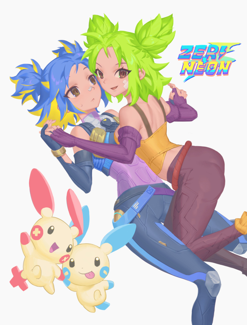 2girls bandaid bandaid_on_face blonde_hair blue_hair brown_eyes girl_on_top green_hair highres interlocked_fingers league_of_legends looking_at_viewer minun multicolored_hair multiple_girls neon_(valorant) odanju plusle pokemon smile valorant white_background zeri_(league_of_legends)