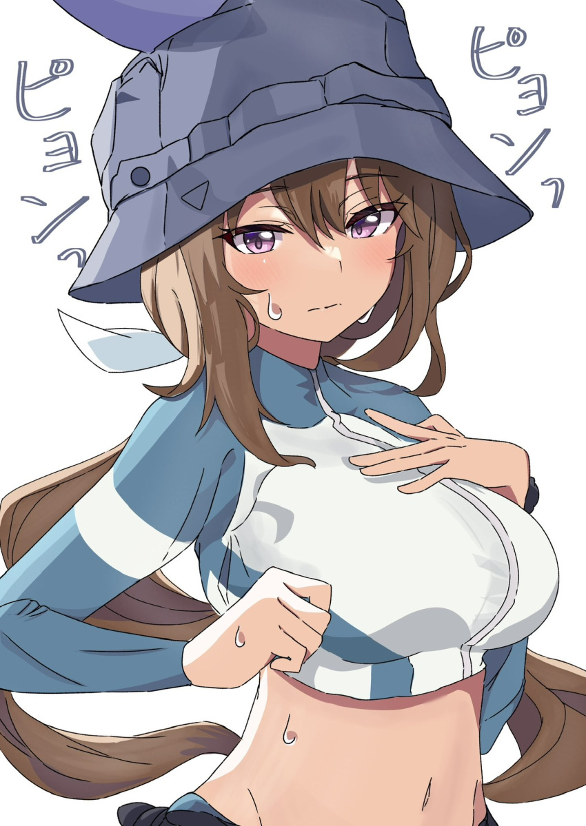 1girl admire_vega_(umamusume) animal_ears blue_archive blue_headwear blue_jacket blush bow breasts brown_hair closed_mouth commentary_request cosplay_request cropped_jacket ekazawa_sdvx hair_between_eyes hand_on_own_chest highres horse_ears horse_girl horse_tail jacket large_breasts long_hair long_sleeves looking_at_viewer midriff navel ponytail purple_eyes solo tail umamusume white_bow