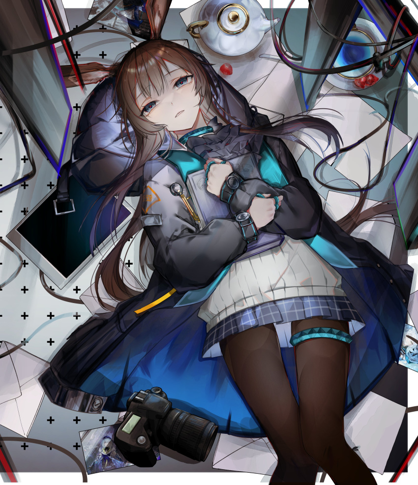 1girl a_chxoblc absurdres amiya_(arknights) animal_ears arknights ascot black_ascot black_jacket black_pantyhose blue_eyes blue_skirt book brown_hair highres holding holding_book hood hood_down hooded_jacket jacket jewelry long_hair lying multiple_rings neck_ring open_clothes open_jacket pantyhose parted_lips rabbit_ears rabbit_girl ring shirt skirt solo thigh_ring white_shirt