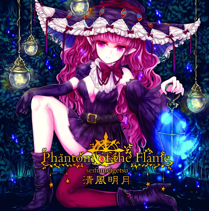 1girl album_cover album_name belt black_footwear black_gloves boots breasts choker cleavage closed_mouth commentary_request cover detached_sleeves dress elbow_gloves gloves hat highres holding holding_lantern lantern long_hair looking_at_viewer original pink_eyes pink_hair pointy_ears single_detached_sleeve single_glove single_thighhigh smile solo star_(symbol) strapless strapless_dress thighhighs tochigi_kirihito very_long_hair wavy_hair witch_hat