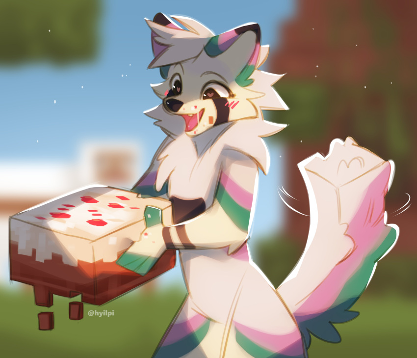 &lt;3 &lt;3_eyes 2023 absurd_res anthro artist_name black_nose blurred_background blush cake canid canine cheek_tuft chest_tuft dessert digital_media_(artwork) facial_tuft featureless_crotch food fur green_body green_fur hi_res holding_cake holding_food holding_object hyilpi light lighting mammal microsoft minecraft mojang nude open_mouth open_smile pink_body pink_fur smile solo standing tuft white_body white_fur xbox_game_studios