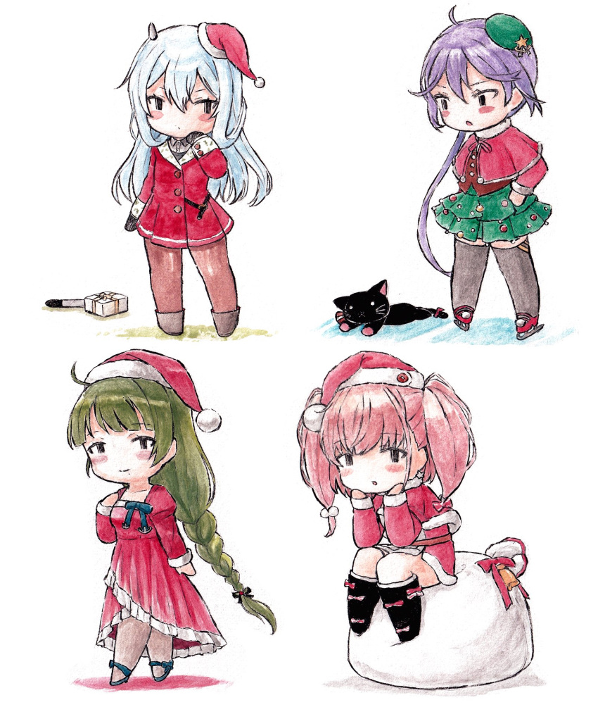 4girls akebono_(kancolle) atlanta_(kancolle) blush blush_stickers box braid braided_ponytail capelet chibi christmas closed_mouth dress gift gift_box green_hair green_skirt hair_between_eyes hat highres hoshiguma_yuugi i-203_(kancolle) kantai_collection long_hair mole mole_under_mouth multiple_girls pantyhose parted_lips poipoi_purin purple_hair red_dress sack santa_hat simple_background sitting skirt standing stuffed_animal stuffed_cat stuffed_toy torpedo two_side_up very_long_hair white_background