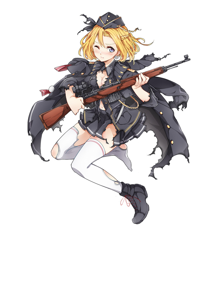 blonde_hair blue_eyes blush breasts cleavage earrings full_body g43_(girls_frontline) gewehr_43 girls_frontline gun hat highres hippos jewelry medium_breasts military military_hat military_jacket military_uniform official_art one_eye_closed rifle shoes skirt solo thighhighs torn_clothes torn_legwear torn_skirt transparent_background uniform weapon