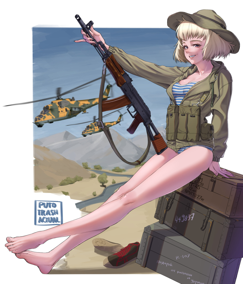 1girl absurdres afghanistan aircraft ak-74 aks-74 ammunition_pouch artist_name assault_rifle bare_legs barefoot blonde_hair breasts brown_eyes bucket_hat camouflage collarbone commentary fatigues feet full_body green_jacket grin gun gun_sling hat helicopter highres holding holding_gun holding_weapon jacket kalashnikov_rifle legs load_bearing_equipment long_sleeves looking_at_viewer magazine_(weapon) medium_hair mi-24 military military_uniform military_vehicle no_pants open_clothes open_jacket original outdoors pouch puto_trash rifle shirt shoes sitting sky smile solo soviet soviet_army striped striped_shirt teeth telnyashka thighs toenails toes uniform unworn_shoes war_in_afghanistan weapon