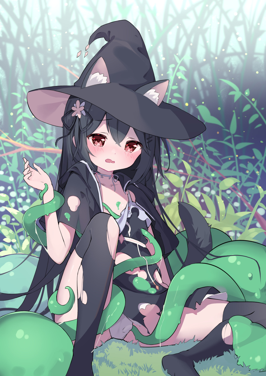 1girl a1352170118 absurdres animal_ear_fluff animal_ears arm_at_side black_capelet black_dress black_hair black_headwear black_thighhighs blush cameltoe capelet cat_ears cat_girl cat_tail day dissolving_clothes dress ears_through_headwear flat_chest frilled_dress frills furrowed_brow grass hair_between_eyes hair_ribbon hand_up hat highres hood hooded_capelet knee_up long_hair looking_at_viewer neck_ribbon no_shoes on_grass open_mouth original outdoors panties plant red_eyes ribbon scared see-through_capelet short_dress sitting sleeveless sleeveless_dress slime_(creature) solo spread_legs straight_hair tail tearing_up tears tentacles tentacles_under_clothes thighhighs underwear wavy_mouth white_panties white_ribbon witch_hat