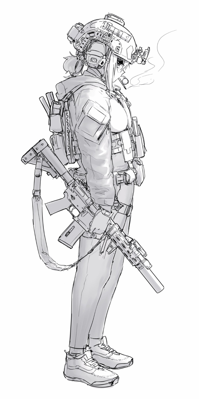 1girl absurdres alma01 ammunition_belt ar-15 backpack bag belt gloves gun headset helmet highres jacket looking_down original plate_carrier rifle shoes short_hair simple_background sneakers solo suppressor weapon white_background