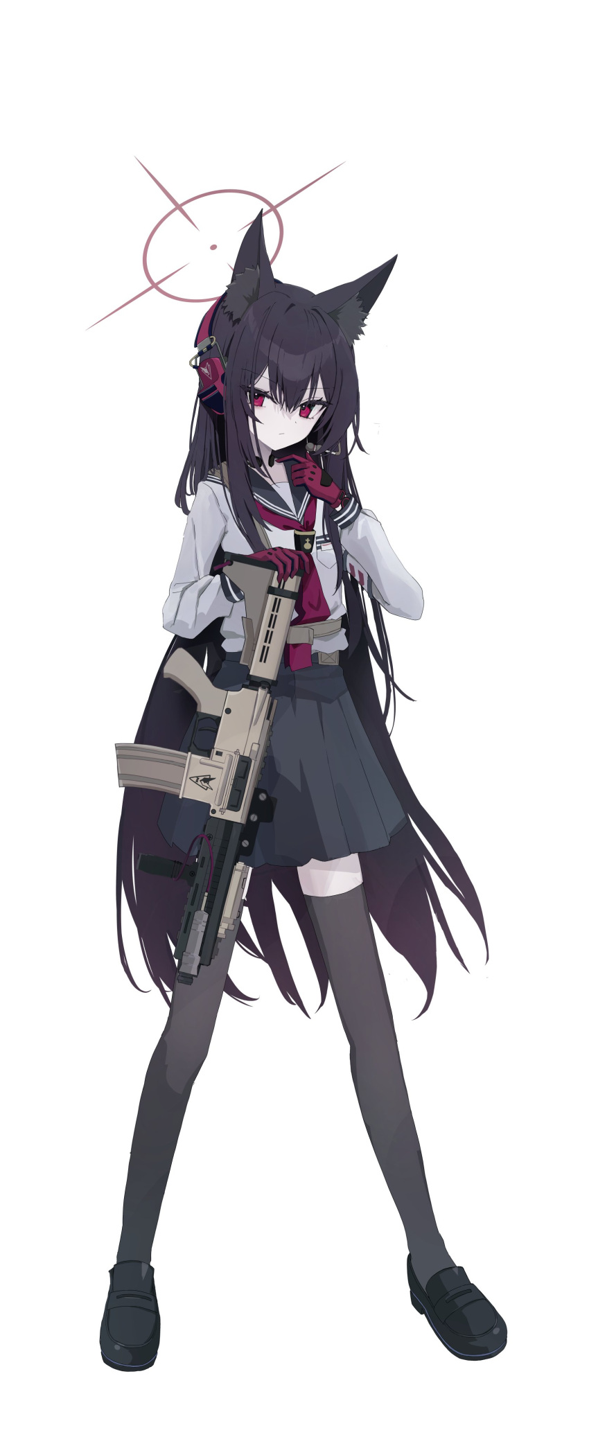 1girl absurdres animal_ear_fluff animal_ears armband assault_rifle black_hair black_sailor_collar black_skirt black_thighhighs blue_archive brown_halo closed_mouth commentary expressionless fox_ears full_body gun h&amp;k_hk416 headset highres inaba_reito long_hair long_sleeves looking_at_viewer neckerchief puffy_long_sleeves puffy_sleeves red_eyes red_neckerchief rifle sailor_collar shirt shirt_tucked_in shoulder_strap simple_background skirt solo standing symbol-only_commentary thighhighs throat_microphone weapon white_armband white_background white_shirt yukino_(blue_archive)