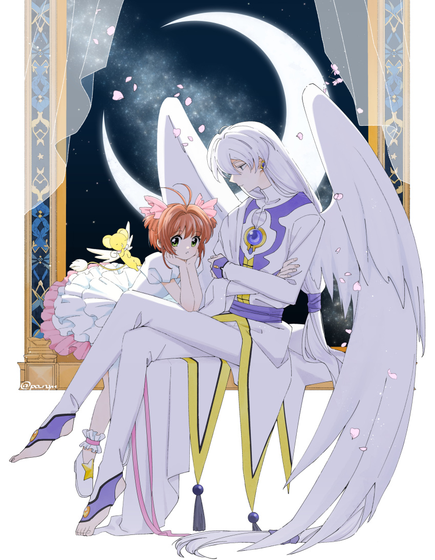 1boy 1girl absurdres antenna_hair brown_hair cardcaptor_sakura crescent_moon crossed_arms crossed_legs green_eyes hands_on_own_chin head_rest highres kero kinomoto_sakura long_hair long_sleeves looking_at_another looking_at_viewer moon petals profile short_hair sitting white_footwear white_hair white_wings wings yue_(cardcaptor_sakura) yui_(kanatamoo)