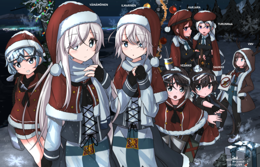 6+girls absurdres animal_hood antlers black_gloves blonde_hair blue_eyes blue_scarf brown_hair capelet character_name christmas dated fake_antlers fingerless_gloves finland finnish_text fur-trimmed_capelet fur-trimmed_headwear fur_trim gloves goggles goggles_on_head grey_hair hat highres hood hood_up mecha_musume military_vehicle multiple_girls original personification red_capelet red_hair red_headwear reindeer_antlers santa_hat scarf ship teisei_sagishi typo warship watercraft winter
