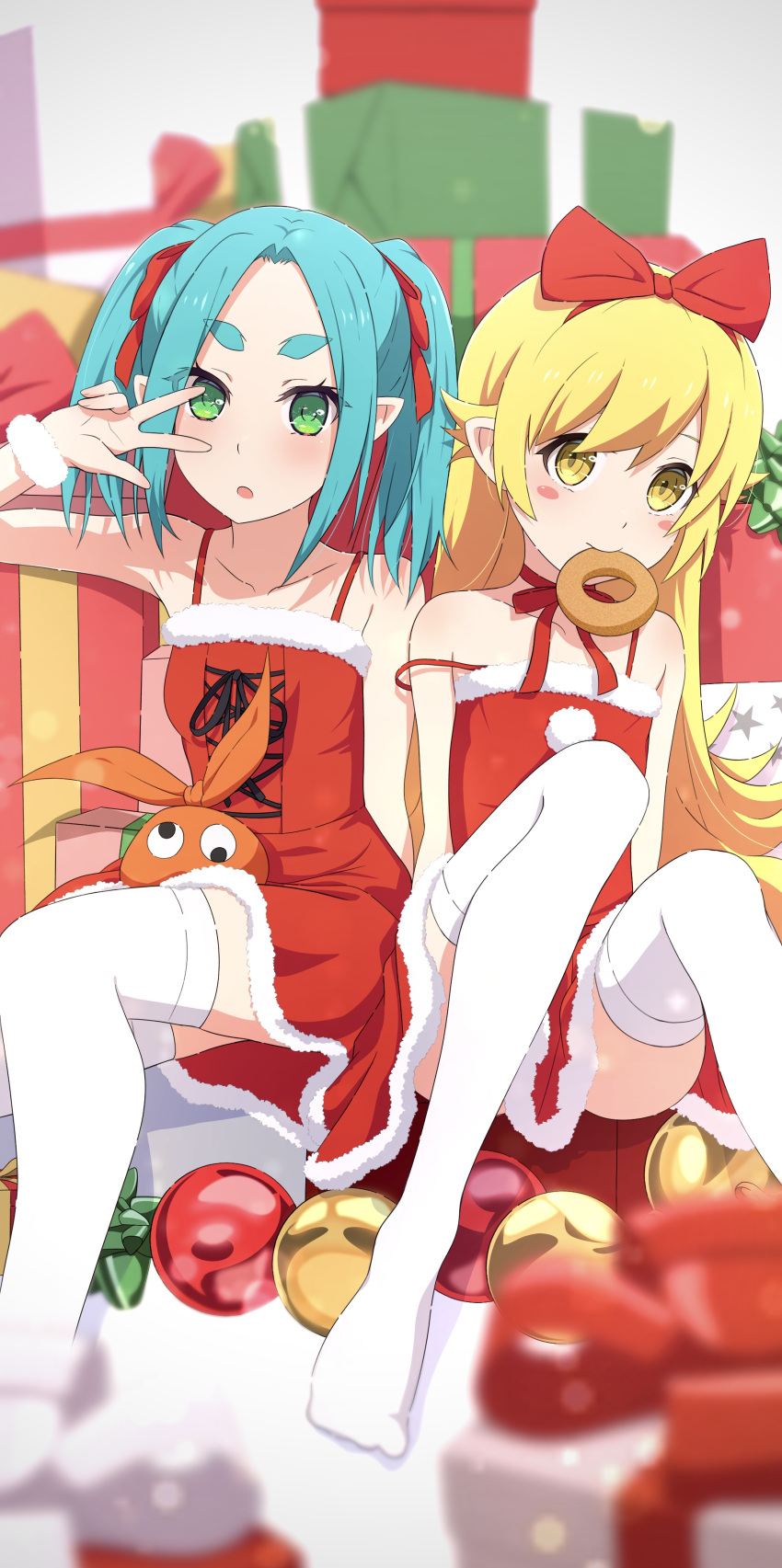 2girls absurdres aqua_hair blonde_hair bow camui1104 christmas christmas_ornaments christmas_present doughnut dress food fur-trimmed_dress fur_bracelet fur_trim gift green_eyes hair_bow hair_ribbon hand_up highres looking_at_viewer monogatari_(series) mouth_hold multiple_girls ononoki_yotsugi oshino_shinobu petite pointy_ears red_bow red_dress red_ribbon ribbon sitting thick_eyebrows thighhighs twintails v white_thighhighs yellow_eyes