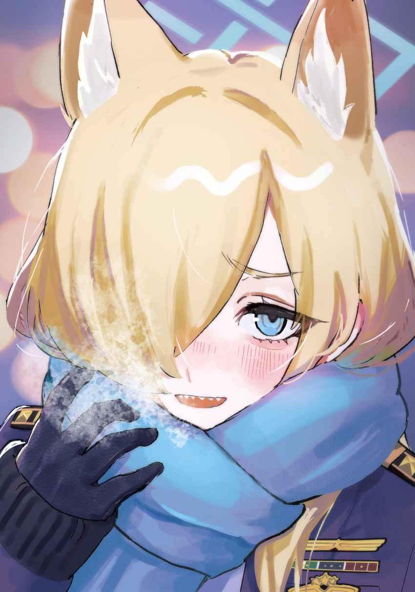 1girl animal_ear_fluff animal_ears badge blonde_hair blue_archive blue_eyes blue_halo blurry blurry_background blush breath commentary_request dark_blue_gloves dog_ears epaulettes extra_ears gloves hair_over_one_eye halo highres insignia kanna_(blue_archive) long_hair long_sleeves looking_at_viewer open_mouth portrait scarf sharp_teeth shiosai_73 solo teeth upper_teeth_only
