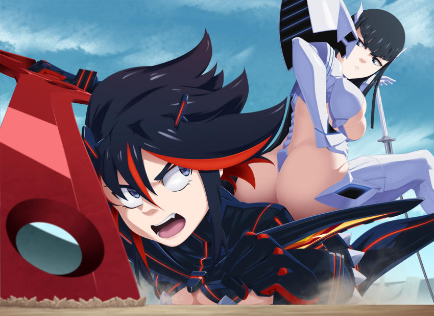 ass black_hair blue_sky blunt_bangs breasts clenched_hands commentary english_commentary fang fighting foreshortening grey_eyes highres junketsu kill_la_kill kiryuuin_satsuki large_breasts long_hair looking_at_another lying matoi_ryuuko multicolored_hair on_stomach outdoors ravenravenraven red_hair revealing_clothes scissor_blade_(kill_la_kill) senketsu short_hair siblings sisters sky streaked_hair thighhighs white_thighhighs