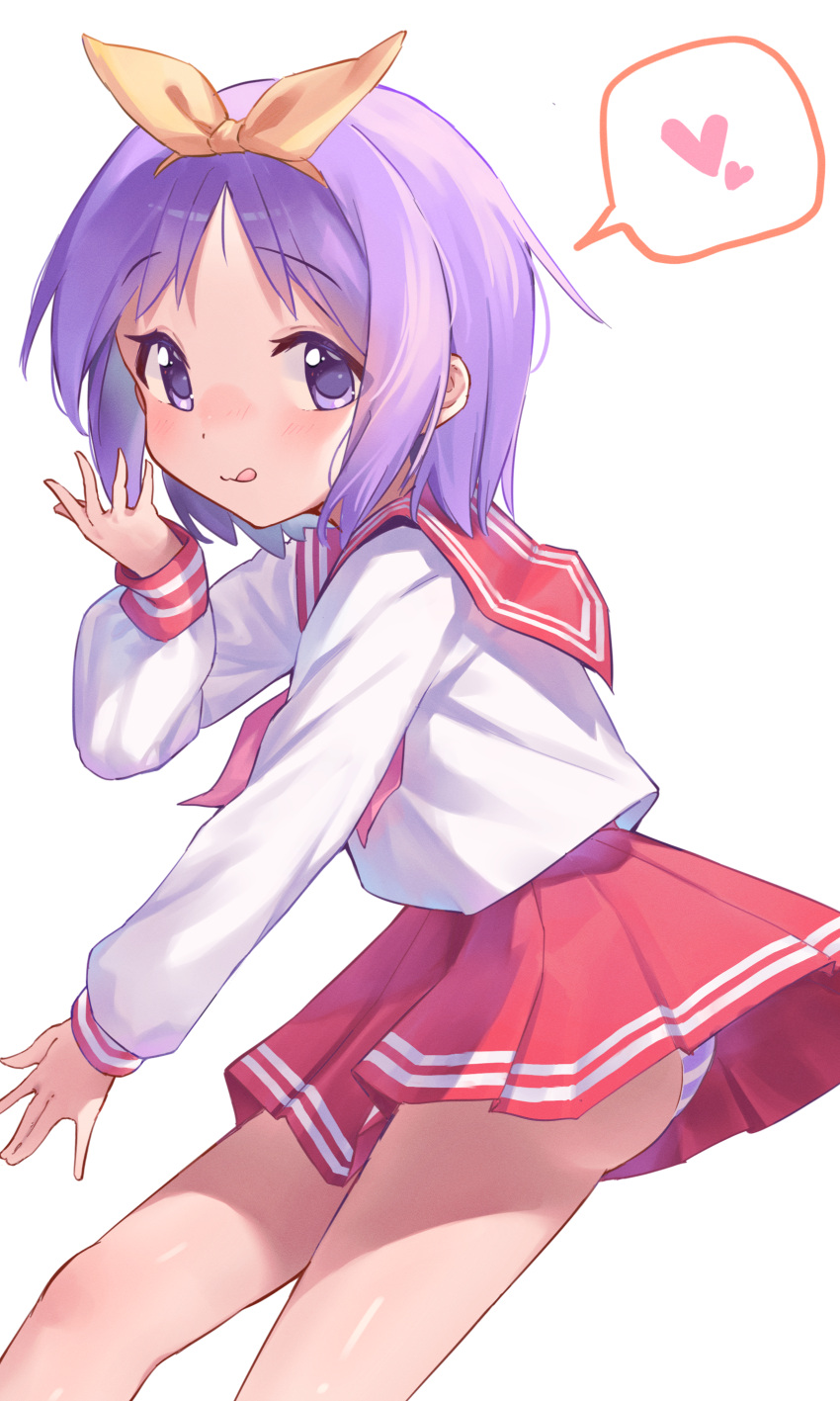 1girl :3 absurdres closed_mouth double_horizontal_stripe eyes_visible_through_hair hairband hand_up heart highres hiiragi_tsukasa jiyasu long_sleeves lucky_star miniskirt neckerchief panties pantyshot parted_bangs pink_neckerchief pleated_skirt purple_eyes purple_hair red_sailor_collar red_skirt ryouou_school_uniform sailor_collar school_uniform serafuku shirt short_hair simple_background skirt smile solo spoken_heart striped striped_panties tongue tongue_out underwear white_background white_shirt yellow_hairband