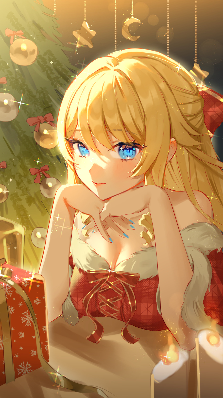 1girl absurdres arm_support bare_shoulders blonde_hair blue_eyes blue_nails box breasts candle christmas_tree genshin_impact gift gift_box harushio highres long_hair looking_at_viewer medium_breasts navia_(genshin_impact) sidelocks smile very_long_hair