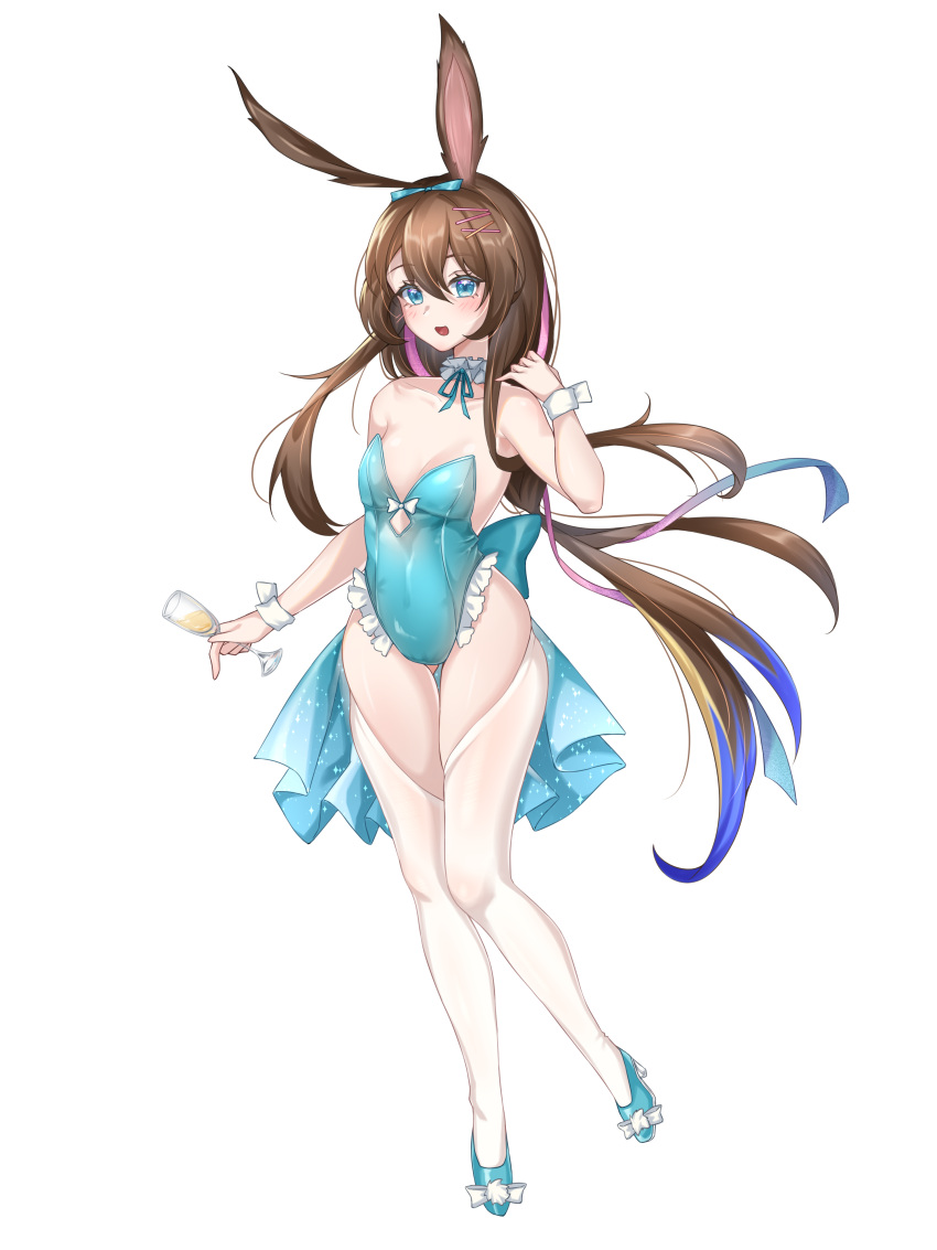 1girl absurdres amiya_(arknights) animal_ears arknights ass_visible_through_thighs bare_shoulders blue_bow blue_eyes blue_footwear blue_leotard bow brown_hair collarbone cup drink drinking_glass frilled_leotard frills full_body hair_between_eyes hair_bow hair_ornament hairclip hand_up highres holding holding_cup leotard long_hair nanaya_journey rabbit_ears shoes simple_background solo standing strapless strapless_leotard thigh_gap thighhighs thighs very_long_hair white_background white_thighhighs wrist_cuffs