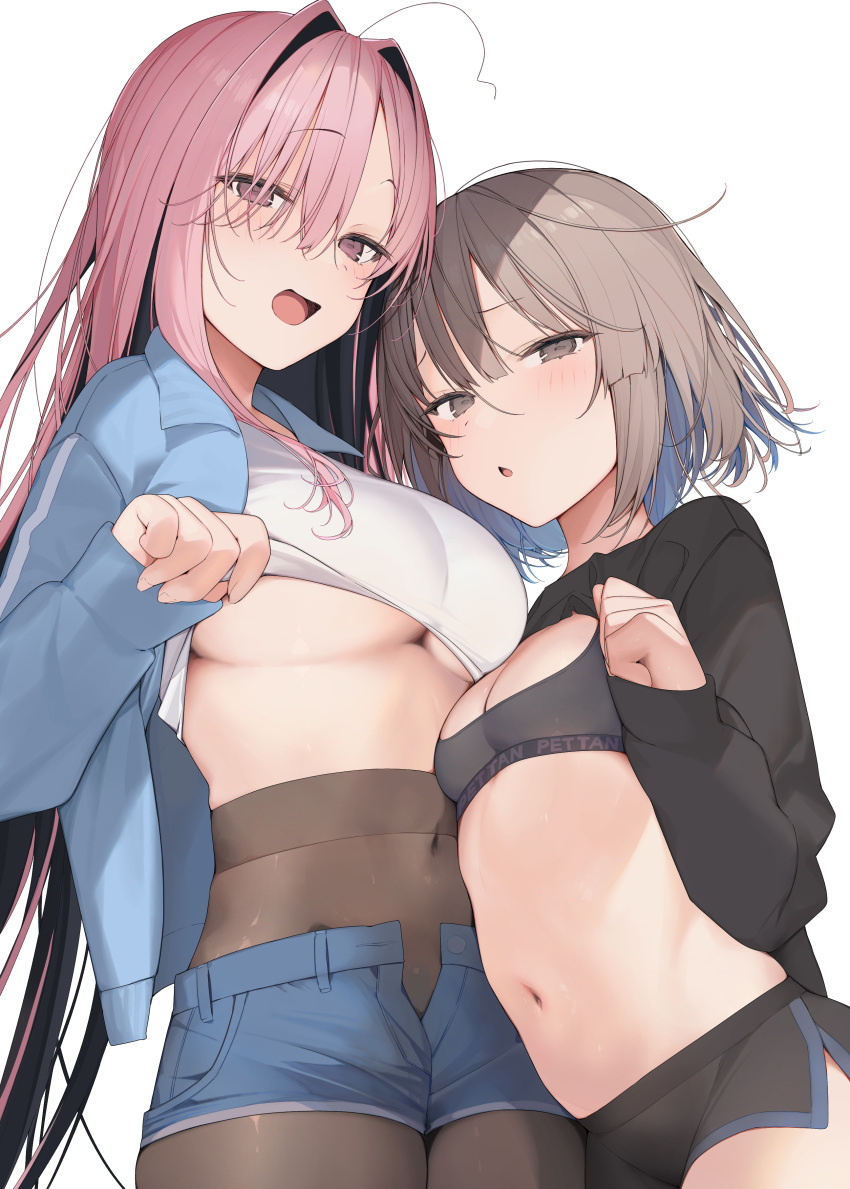 2girls absurdres black_jacket black_shorts blue_jacket blue_shorts bra breasts brown_eyes brown_hair copyright_name cover covered_navel cowboy_shot grey_bra hair_between_eyes hair_intakes highres jacket large_breasts long_hair midriff multiple_girls open_clothes open_jacket open_mouth original pantyhose pink_eyes pink_hair shin_no_tenpii short_hair short_shorts shorts small_breasts stomach underboob underwear