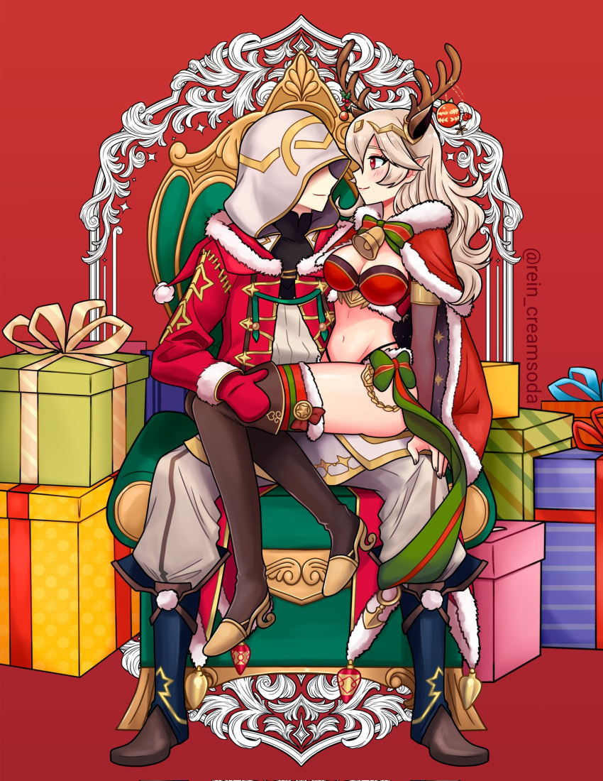 antlers bikini breasts corrin_(female)_(fire_emblem) corrin_(fire_emblem) couple fake_antlers fire_emblem fire_emblem_heroes hetero highres hooded_robe kiran_(fire_emblem) kiran_(male)_(fire_emblem) large_breasts rein_creamsoda reindeer_antlers robe santa_bikini sitting sitting_on_person swimsuit throne