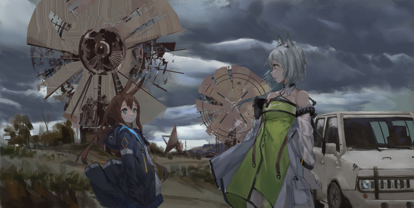 2girls 2k14_chudong absurdres amiya_(arknights) animal_ear_fluff animal_ears arknights bare_shoulders black_jacket brown_hair car cat_ears chinese_commentary cloud cloudy_sky cowboy_shot dress expressionless green_dress green_eyes highres impasto jacket kal'tsit_(arknights) long_hair long_sleeves looking_at_another mixed-language_commentary motor_vehicle multiple_girls off-shoulder_jacket off_shoulder outdoors overcast rabbit_ears rabbit_girl ruins satellite_dish short_hair sky standing white_jacket