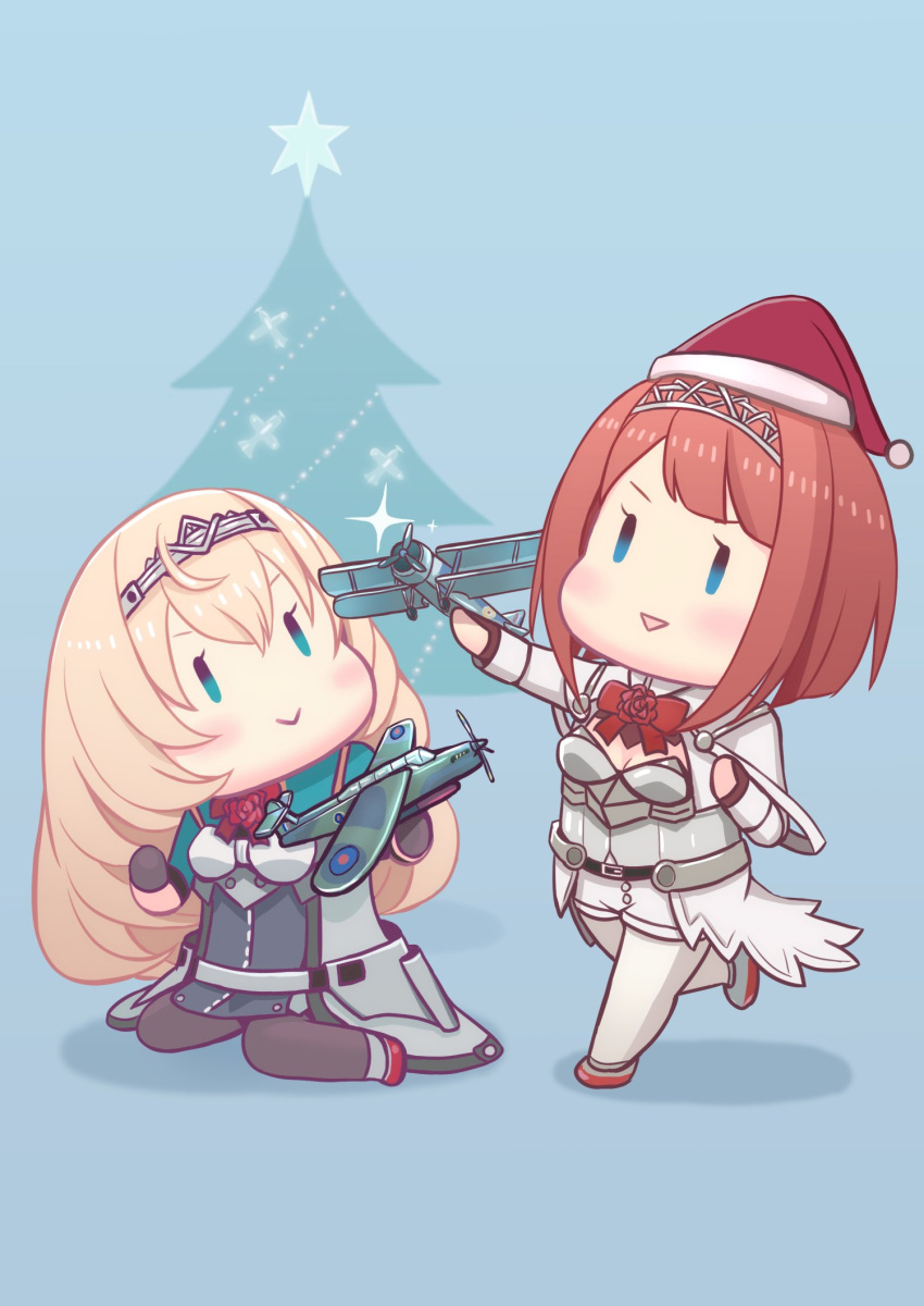 2girls aircraft airplane ark_royal_(kancolle) biplane blonde_hair blue_background blue_eyes chibi christmas_tree fighter_plane grey_jacket grey_shirt hat highres jacket kantai_collection multiple_girls orange_hair pants rizuriri royal_air_force santa_hat shirt vehicle_request victorious_(kancolle) white_pants white_shirt