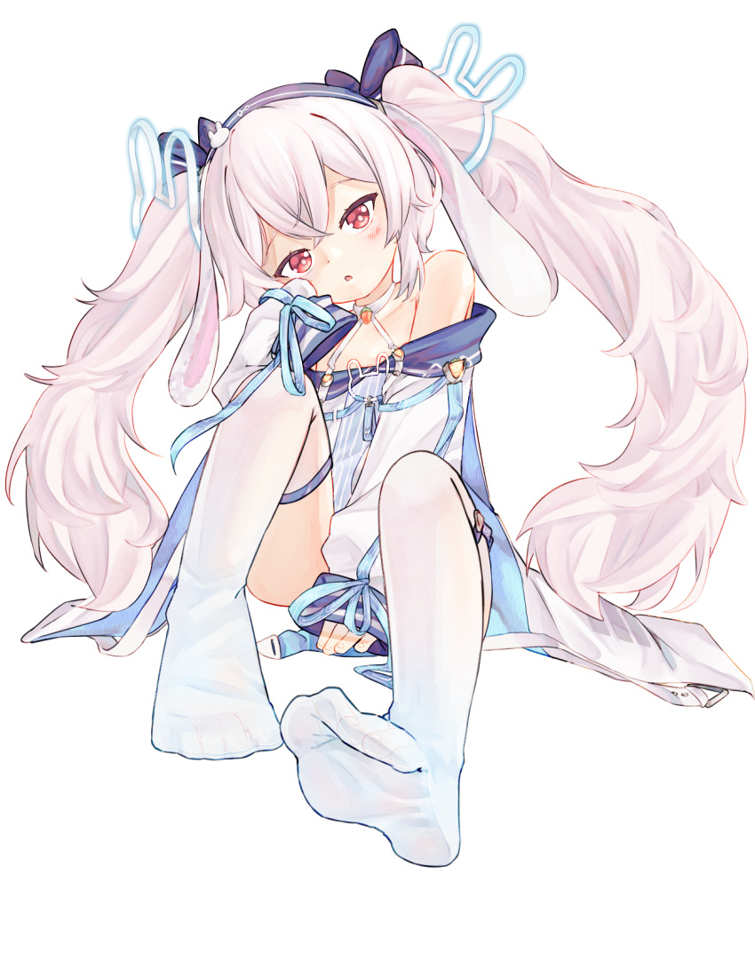 1girl animal_ears azur_lane blue_hairband blue_ribbon chaosexceed crossed_bangs dress fake_animal_ears hair_ornament hair_ribbon hairband highres laffey_(azur_lane) laffey_ii_(azur_lane) long_hair long_sleeves looking_at_viewer parted_lips rabbit_ears rabbit_hair_ornament red_eyes ribbon simple_background sitting sleeves_past_wrists solo thighhighs very_long_hair white_background white_dress white_hair white_thighhighs