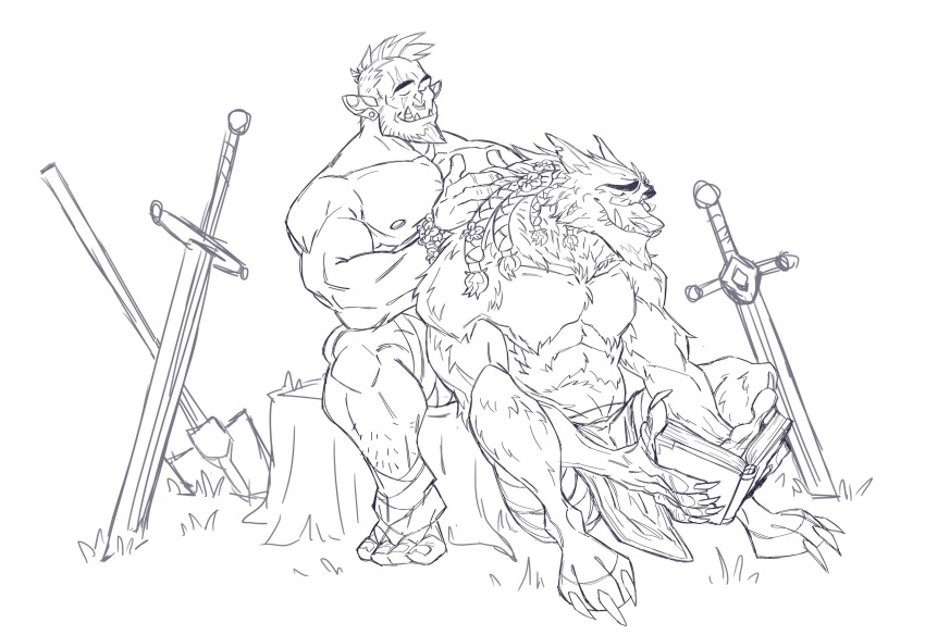 2boys abs bara beard braiding_hair couple facial_hair fangs from_side full_beard furry furry_male furry_with_non-furry gift_art glasses greyscale hairdressing happy highres interspecies large_hands large_pectorals leg_hair long_hair male_focus mature_male monochrome monster_boy multiple_boys muscular muscular_male nipples no_nipples nukednick orc original pectorals planted planted_sword playing_with_another's_hair pointy_ears scar short_hair smile sword thick_beard thick_eyebrows topless_male tusks weapon wolf_boy yaoi