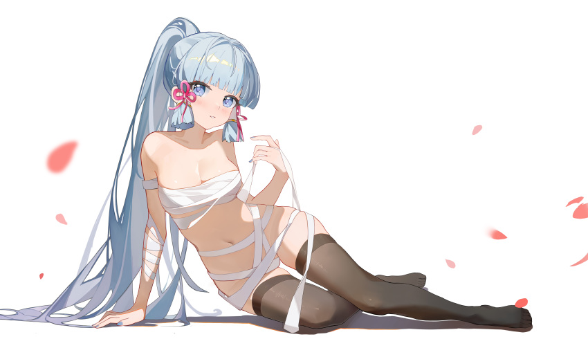 1girl absurdres arm_support bandages bandeau bare_shoulders black_thighhighs blhazx blue_eyes blue_hair blunt_bangs chest_sarashi commentary_request genshin_impact hair_tubes highres kamisato_ayaka long_hair looking_at_viewer navel no_shoes ponytail sarashi sidelocks simple_background solo stomach thighhighs very_long_hair white_background