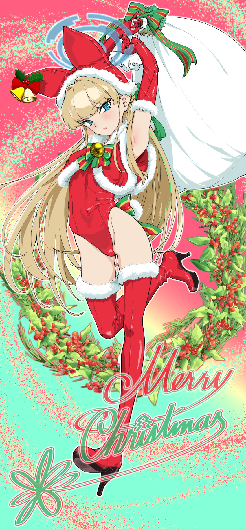 1girl absurdres armpits bell blonde_hair blue_archive blue_eyes boots capelet christmas elbow_gloves fake_tail full_body gloves hassystants hat high_heel_boots high_heels highres holding holding_sack long_hair merry_christmas rabbit_tail red_capelet red_footwear red_gloves red_headwear sack solo tail thigh_boots toki_(blue_archive)